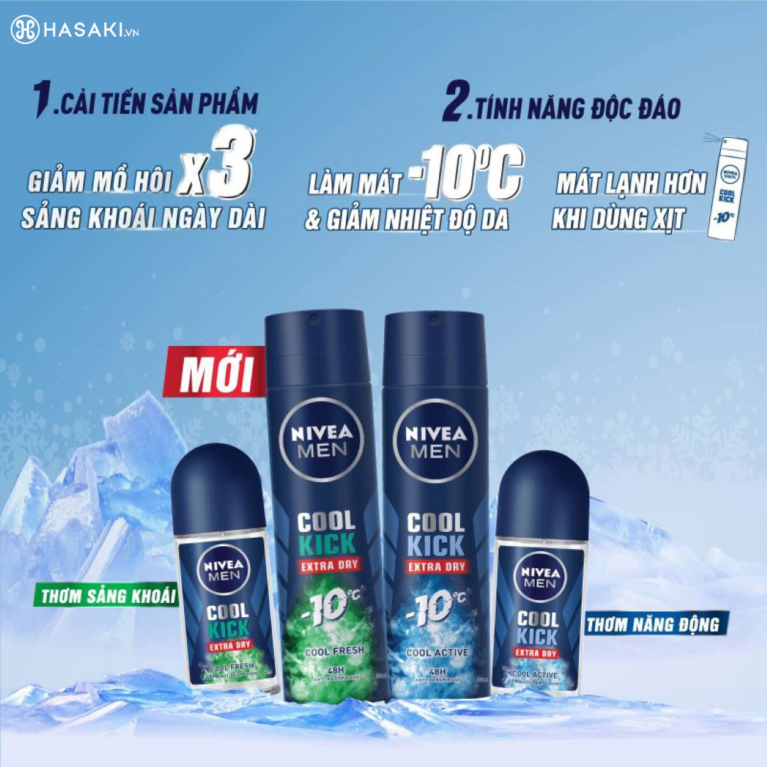 Nivea Men Cool Kick với công thức Cool Fresh mát lạnh giúp giảm mồ hôi và ngăn mùi hiệu quả trong 48 giờ*; được kiểm định an toàn cho da.