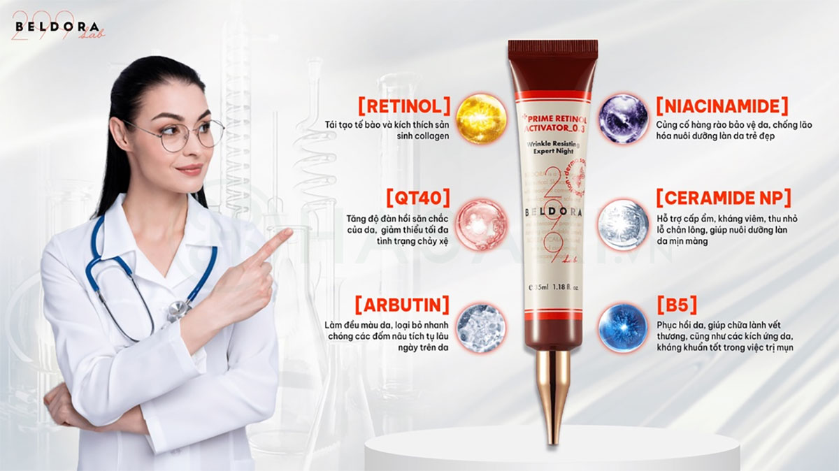 Kem dưỡng Beldora 299 Prime Retinol Activator với bảng thành phần hoàn hảo mang lại hiệu quả nhanh chỉ từ 8 tuần giúp da căng bóng, sáng mịn khỏe mạnh từ gốc tế bào.