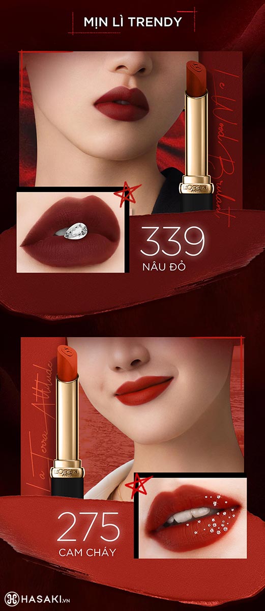 Son môi L'Oréal Color Riche Intense Volume Matte với bảng màu bao gồm 5 tông màu trendy cho bạn lựa chọn.
