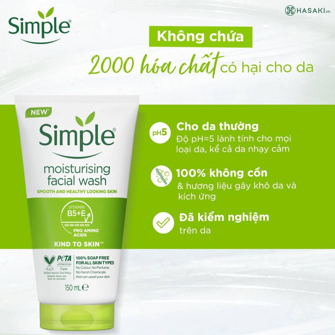 Sữa Rửa Mặt Simple Moisturising Facial Wash an toàn cho mọi làn da, kể cả da nhạy cảm.