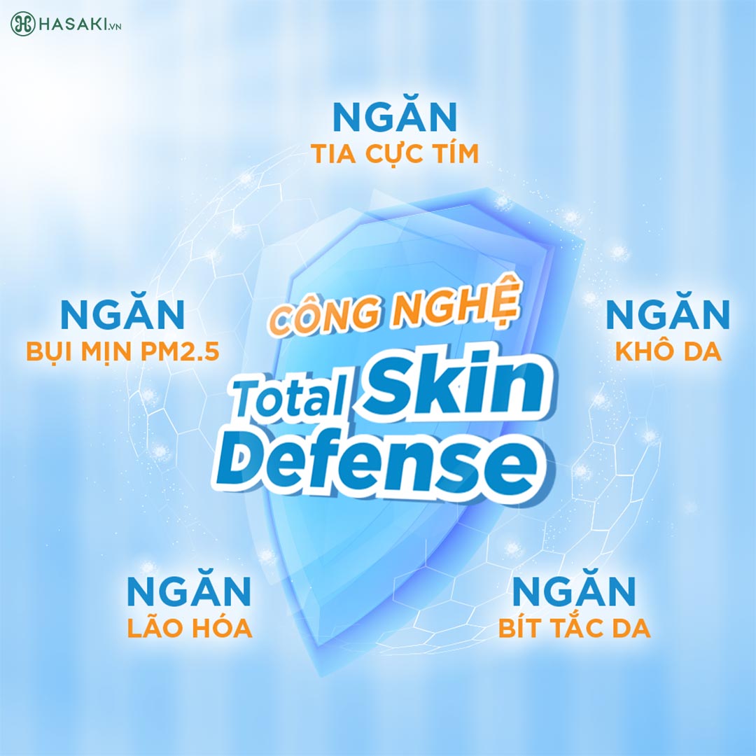 Chống nắng Senka Perfect UV với công nghệ total skin defense màng chắn 5 tác động.