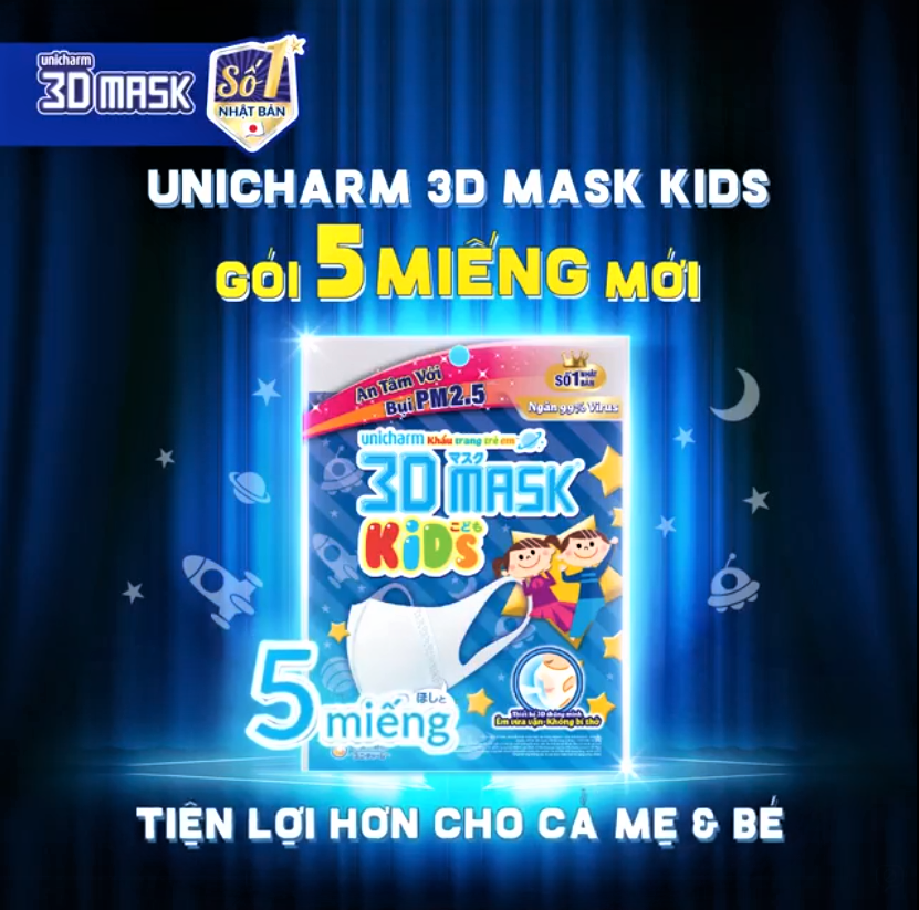 Khẩu Trang Unicharm 3D Ngăn Bụi Mịn PM2.5 Dành Cho Bé 1 Gói 3D Mask Kid hasaki