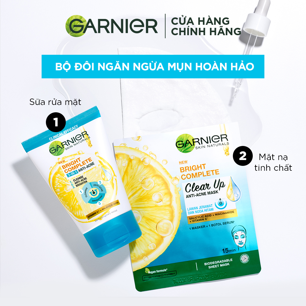 Sữa Rửa Mặt Garnier Bright Complete 3 in 1 Foam Anti Acne 