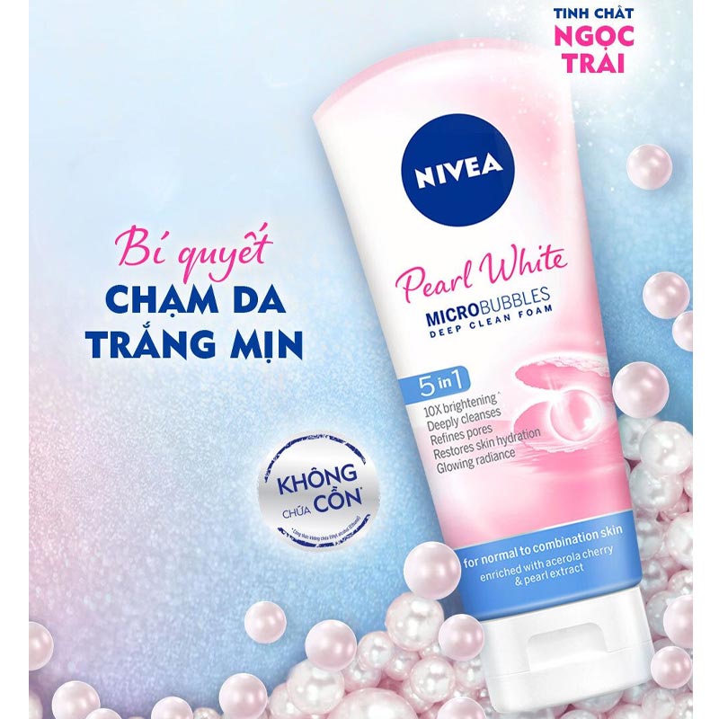 Sữa Rửa Mặt Nivea Tinh Chất Ngọc Trai Làm Sáng Da Pearl White Micro Bubbles Deep Clean Foam 5IN1 