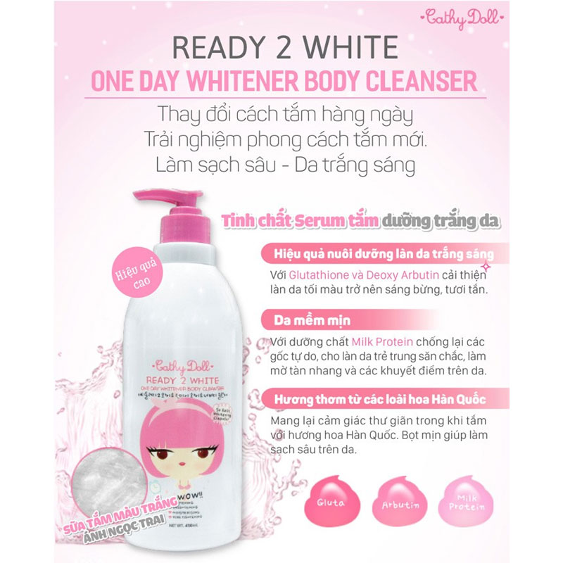 Sữa Tắm Cathy Doll Làm Sáng Da Ready 2 White One Day Whitener Body Cleanser 500ml