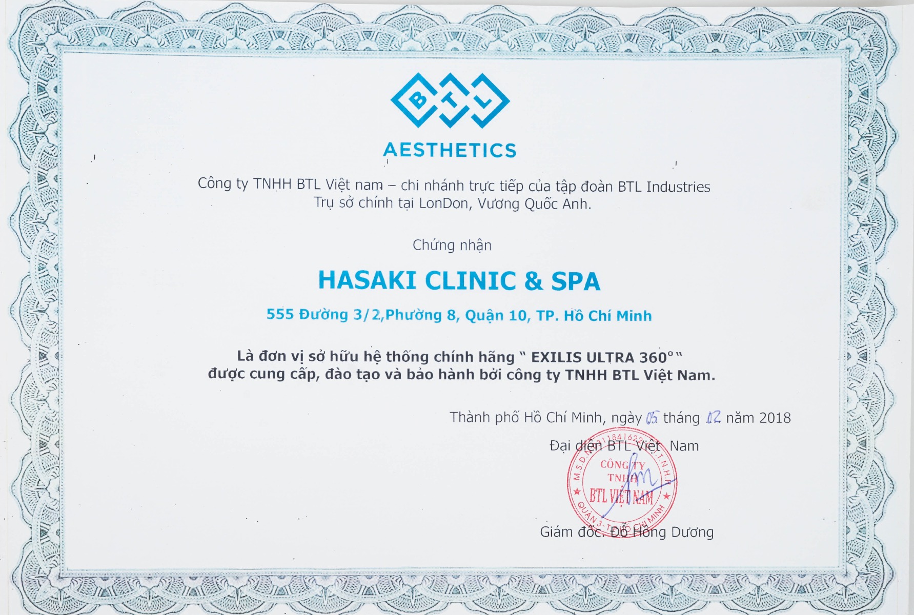 Bằng chứng nhận Hasaki Clinic & Spa nhập khẩu công nghệ máy móc Exilis từ nhà phân phối chính hãng.